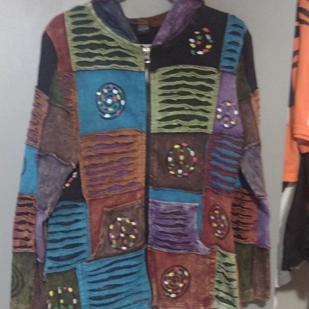 RISING International Hippie Jacket patchwork peace signs colorful size large